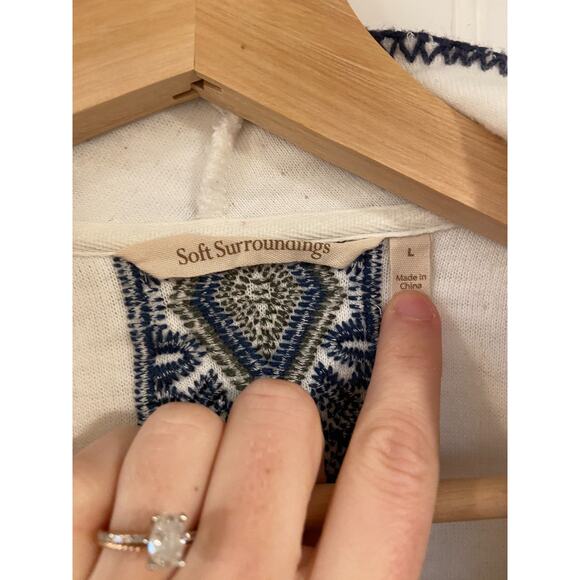 Soft Surroundings Cardigan Size L Women's Fair isle Sweater White Blue/Brown Emb - Picture 3 of 7